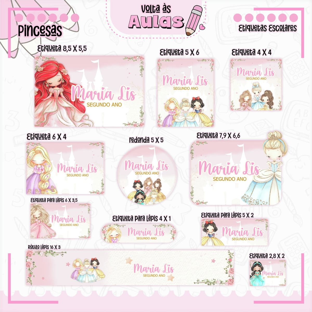 Combo Escolar Princesas Arquivo Completo para Encadernação 4 Arte digital de etiquetas escolares com princesas, castelos e nome personalizável para volta às aulas.