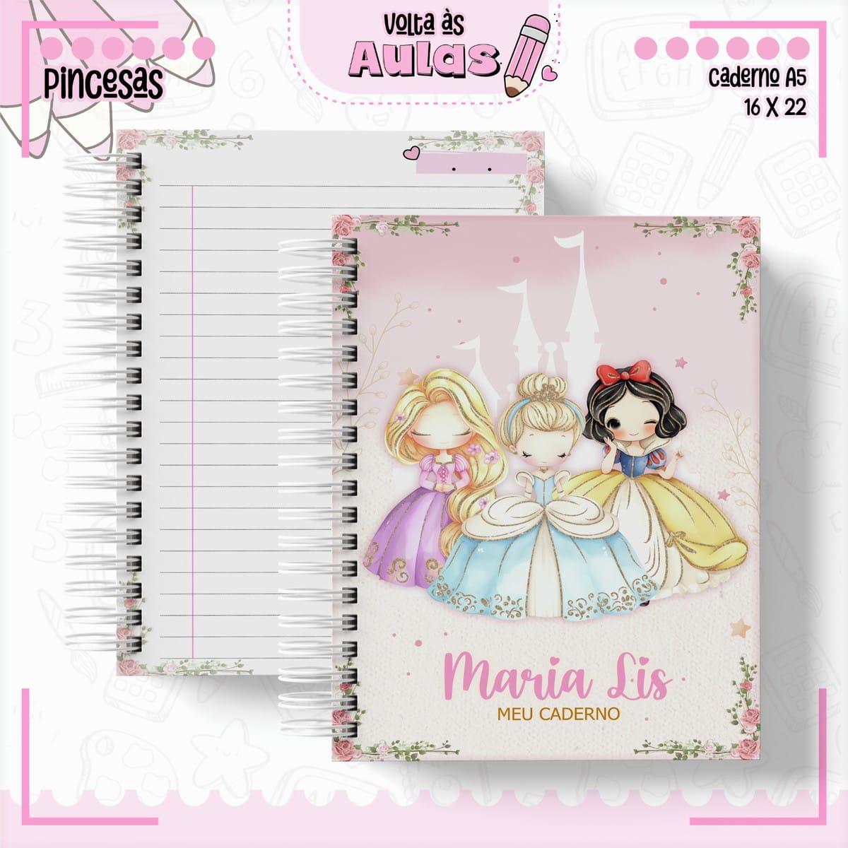 Combo Escolar Princesas Arquivo Completo para Encadernação 5 Arte digital de caderno com princesas e páginas pautadas para volta às aulas.