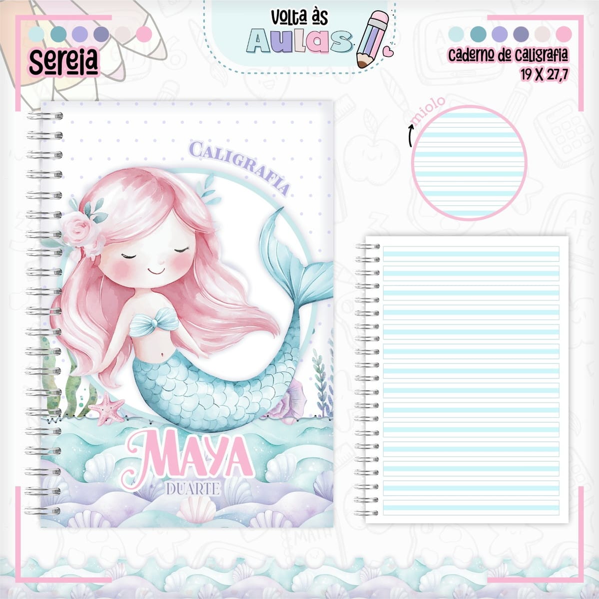Combo Escolar Sereia Arquivo Digital para Encadernação 2 Capa de caderno espiral com ilustração em aquarela de uma pequena sereia.