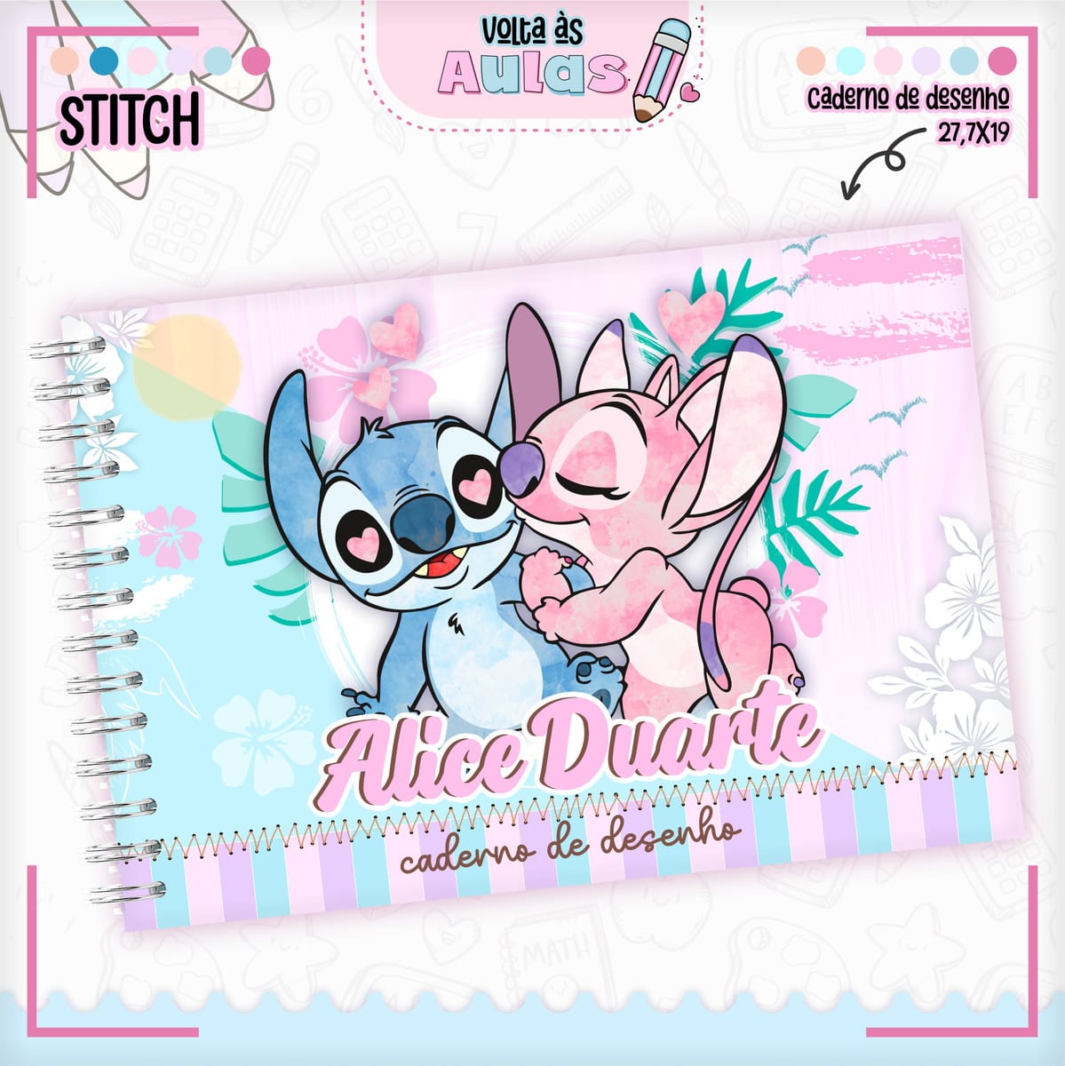 Combo Escolar Stitch Menina Arquivo Para Encadernação 2 Capa de caderno de desenho com personagens azuis e rosas e corações.