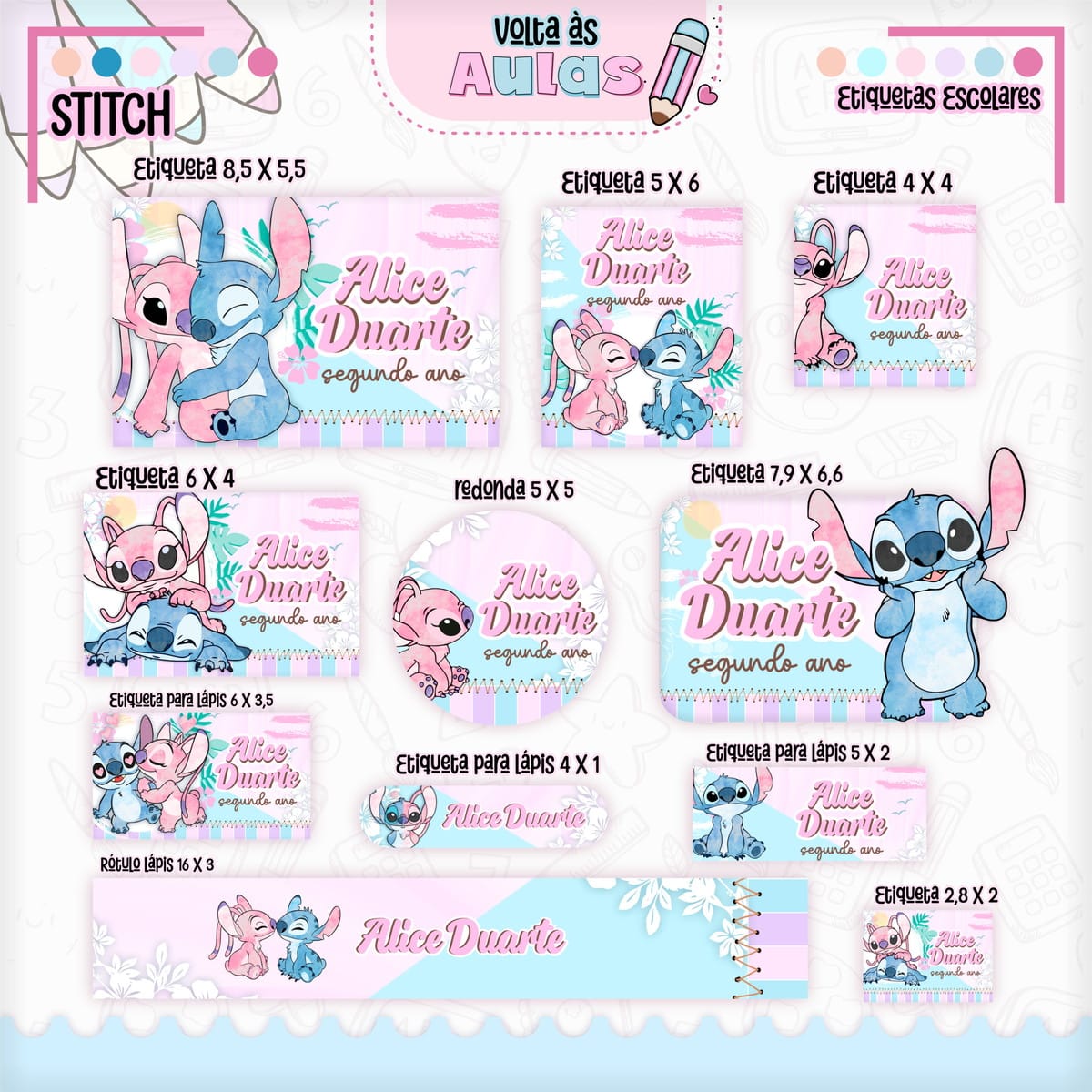 Combo Escolar Stitch Menina Arquivo Para Encadernação 5 Amostra de etiquetas escolares personalizadas com personagens e nome em tons de azul e rosa