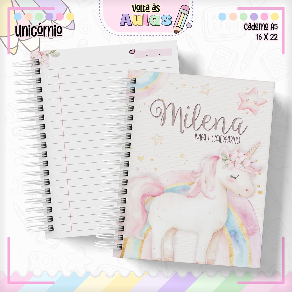 Combo Escolar Unicórnio para Sublimação e Encadernação 1 Combo Escolar Unicórnio para Sublimação e Encadernação