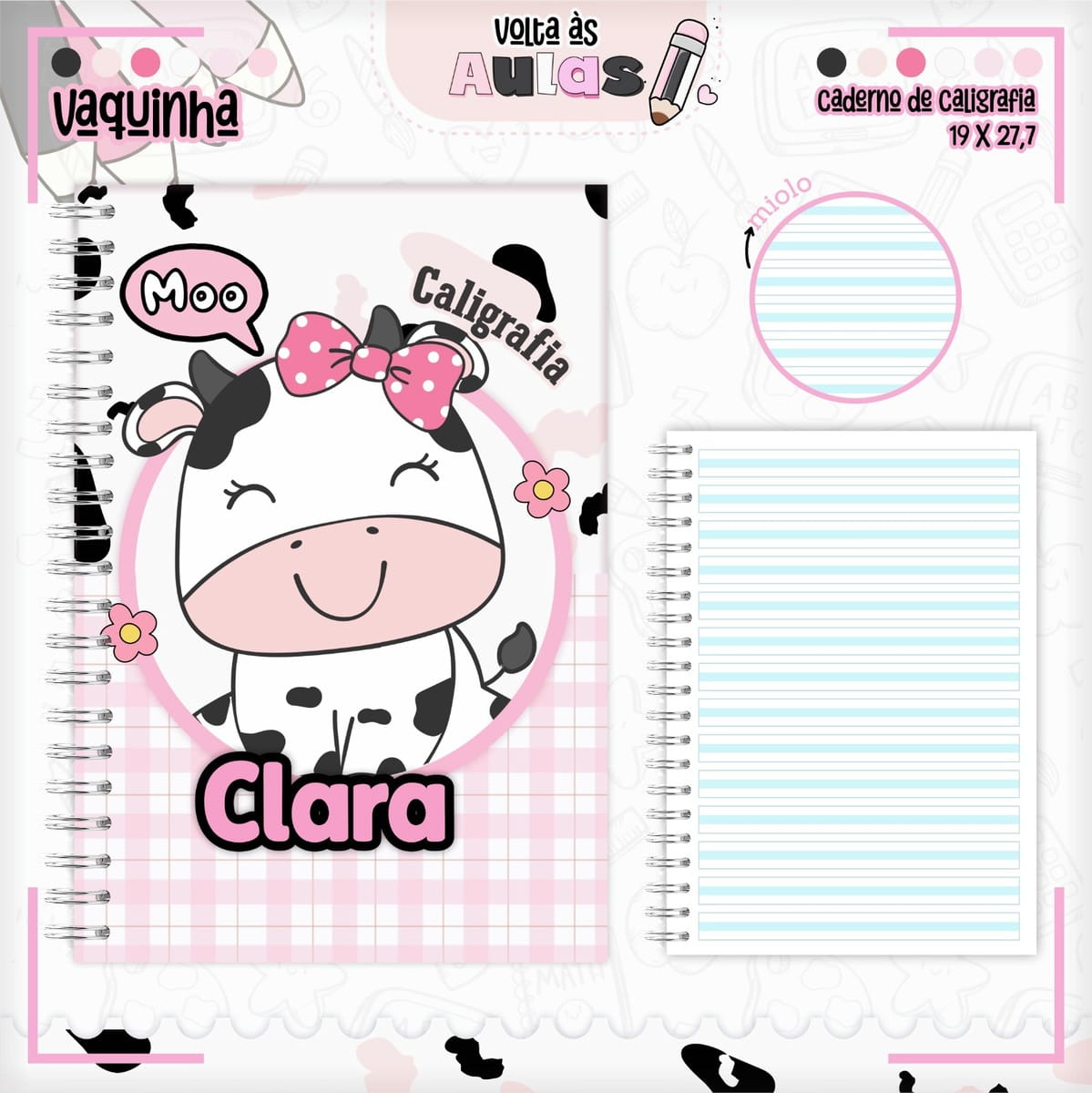 Combo Escolar Vaquinha Arquivo Digital para Encadernação 2 Arte digital de caderno de caligrafia com vaquinha fofa e miolo pautado.