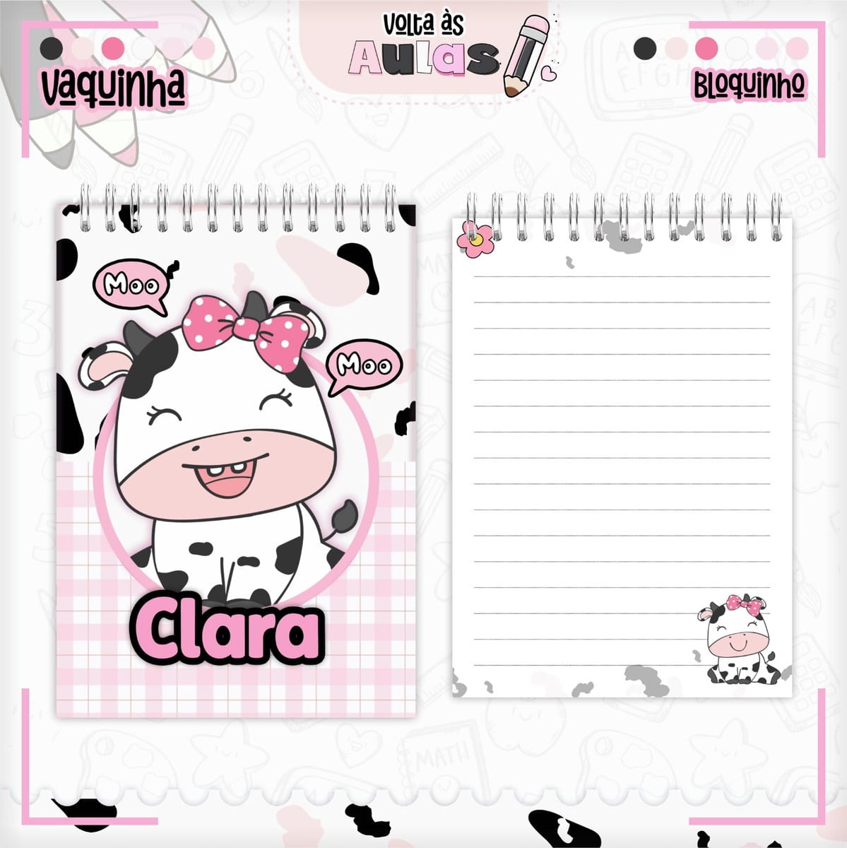Combo Escolar Vaquinha Arquivo Digital para Encadernação 3 Arte digital de caderno e bloquinho pautado, com vaquinha sorridente e laço rosa.