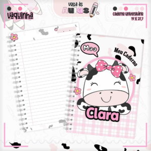 Combo Escolar Vaquinha Arquivo Digital para Encadernação 8 Arte digital de caderno aberto com capa de vaquinha e páginas pautadas.