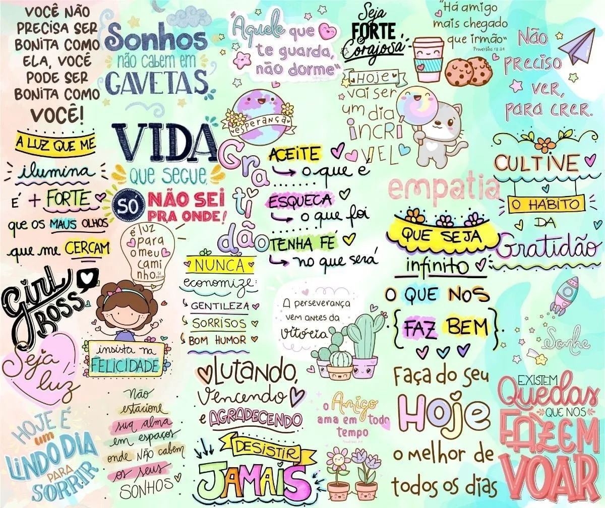 Combo Frases Motivacionais Incentivo Encorajamento Superação 3 Composição de artes digitais com frases motivacionais, desenhos coloridos, estrelas e corações espalhados.