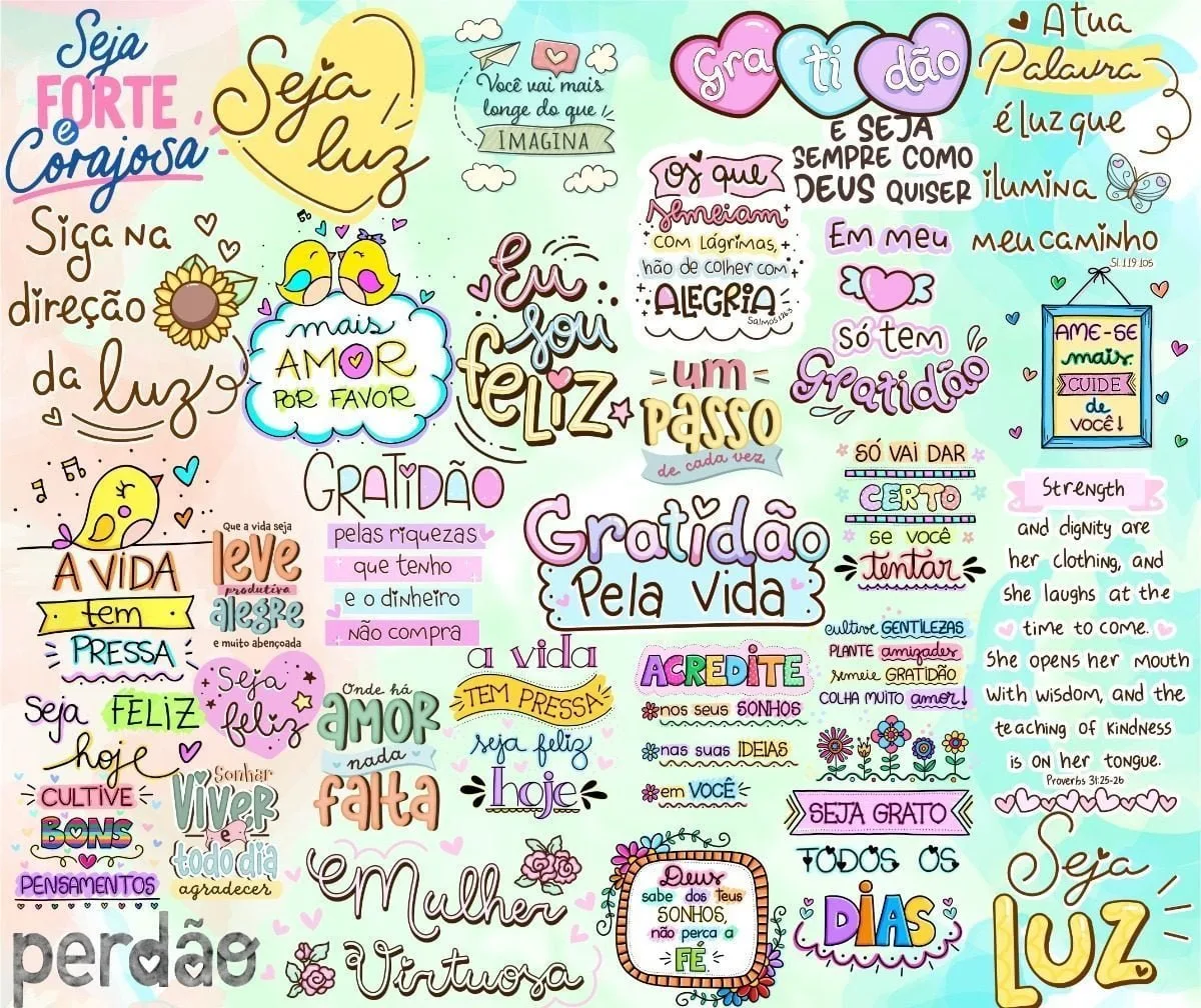 Combo Frases Motivacionais Incentivo Encorajamento Superação 4 Uma composição de frases motivacionais coloridas desenhadas à mão com diversos ícones decorativos.