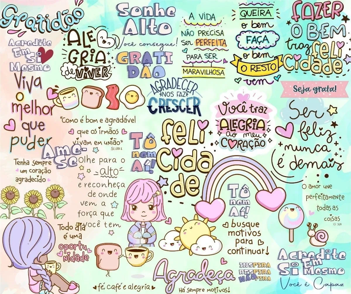 Combo Frases Motivacionais Incentivo Encorajamento Superação 2 Composição de artes digitais com frases motivacionais, desenhos fofos, arco-íris e ícones decorativos coloridos.