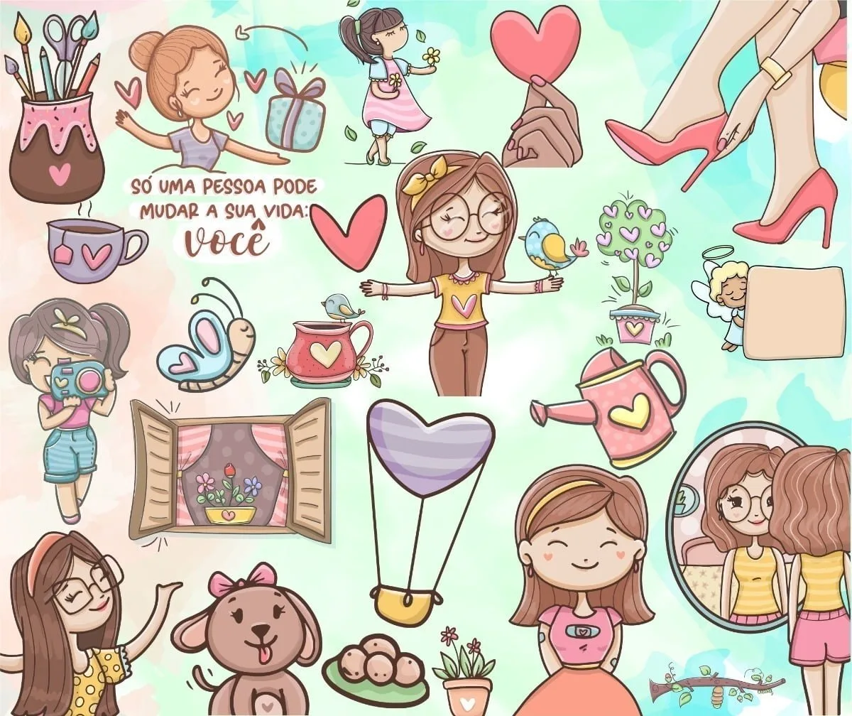 Combo Frases Motivacionais Incentivo Encorajamento Superação 5 Ilustrações estilo desenho infantil com personagens femininas, corações e elementos decorativos variados e coloridos.