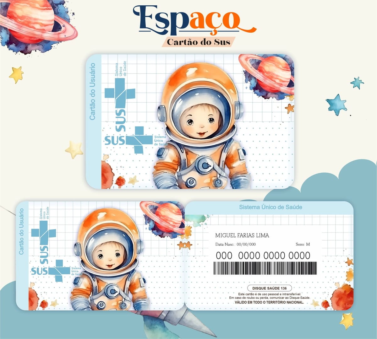 Combo Kids Espaço Arquivo Digital com Tema Espacial 2 Arte digital de cartão com tema espacial com astronauta e planeta em aquarela.
