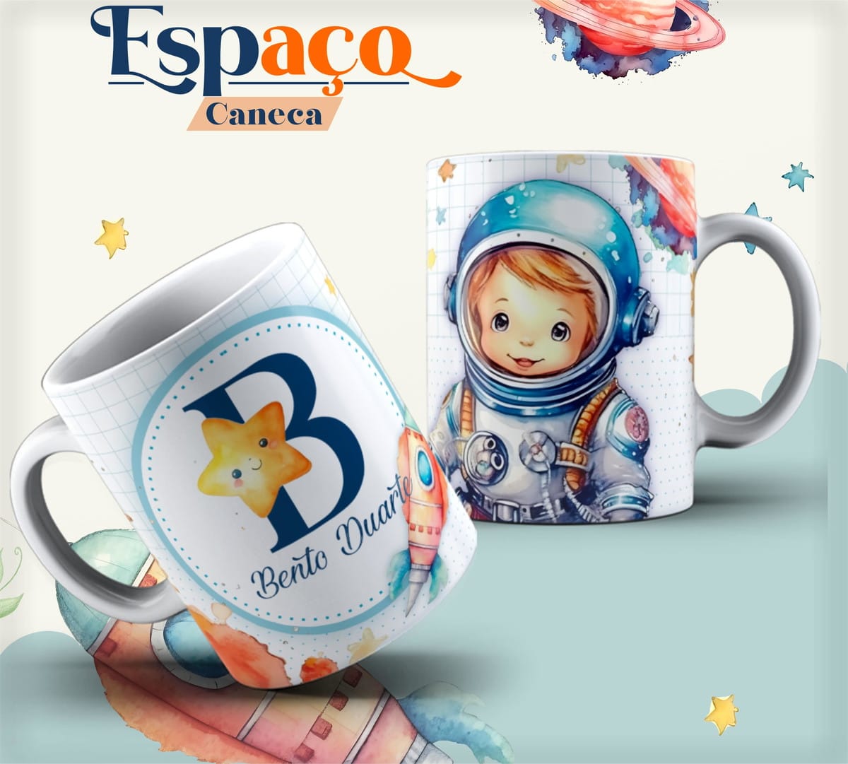 Combo Kids Espaço Arquivo Digital com Tema Espacial 3 Duas canecas brancas com estampa de astronauta e temática espacial em aquarela.