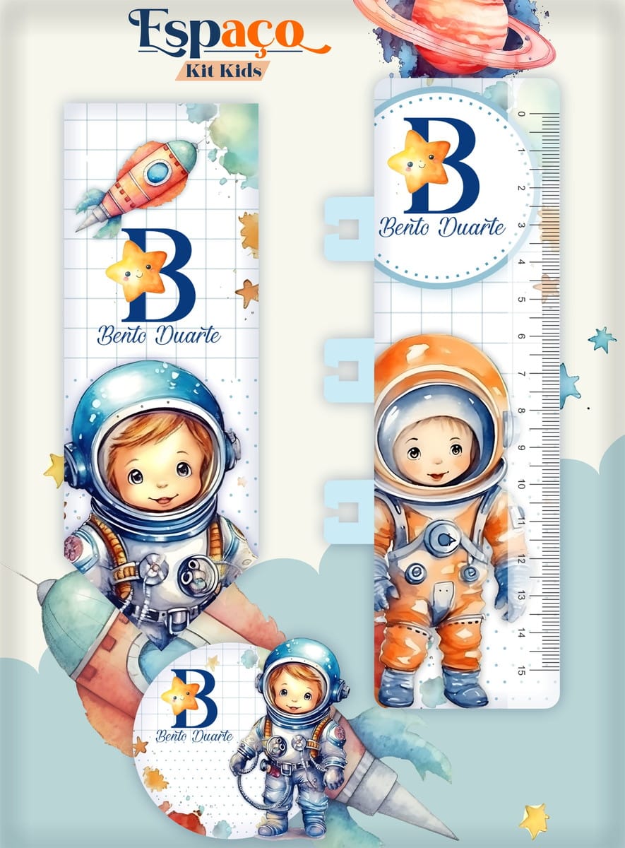 Combo Kids Espaço Arquivo Digital com Tema Espacial 4 Arte digital com tema espacial incluindo astronautas fofos, planetas e foguetes em aquarela.
