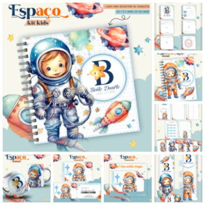 Apresentação visual de kit infantil com temática espacial contendo cadernos e caneca.