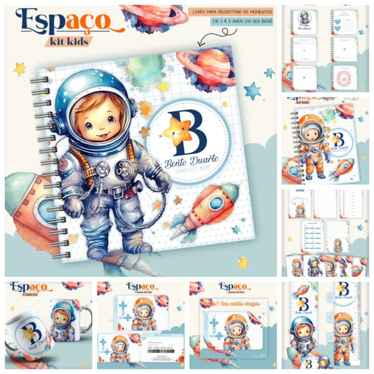 Combo Kids Espaço Arquivo Digital com Tema Espacial 1 Apresentação visual de kit infantil com temática espacial contendo cadernos e caneca.