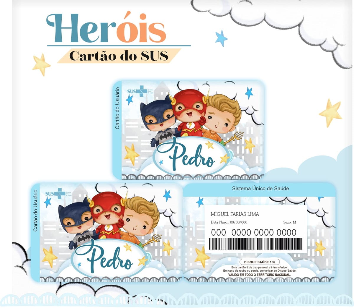 Álbum de Memórias Super Heróis Combo Digital para Imprimir 2 Arte digital de cartão SUS infantil com três super-heróis e fundo de cidade.