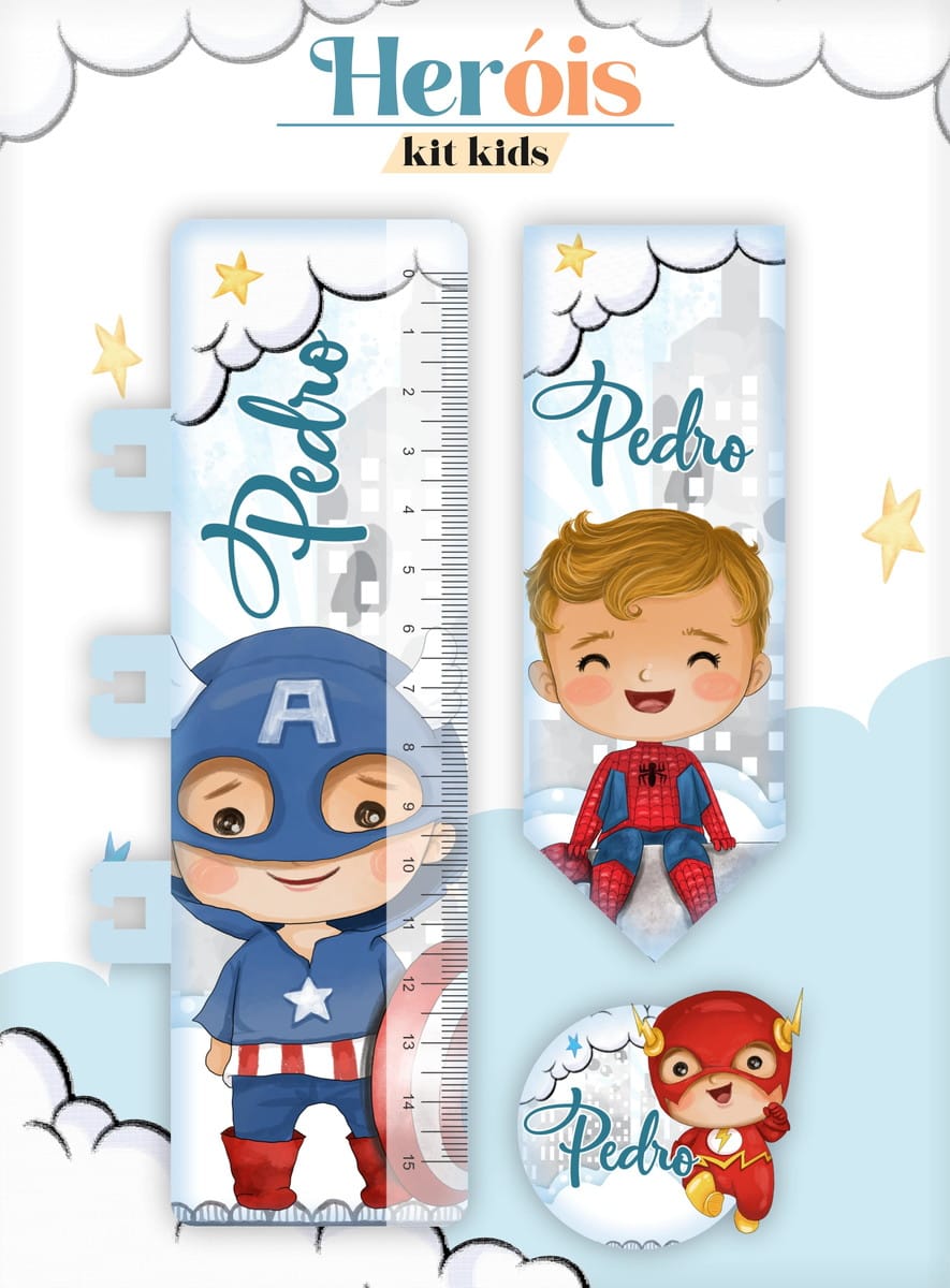 Álbum de Memórias Super Heróis Combo Digital para Imprimir 4 Kit digital infantil de heróis com régua, marcador e adesivo temáticos.