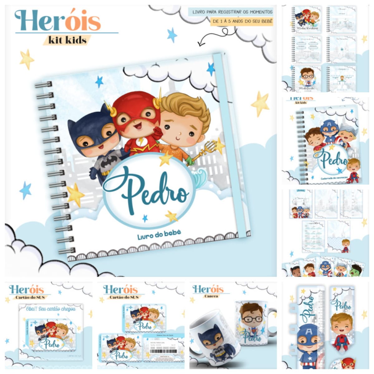 Álbum de Memórias Super Heróis Combo Digital para Imprimir 1 Kit digital de heróis para bebês, com livro, caderneta, cartão, caneca e régua.