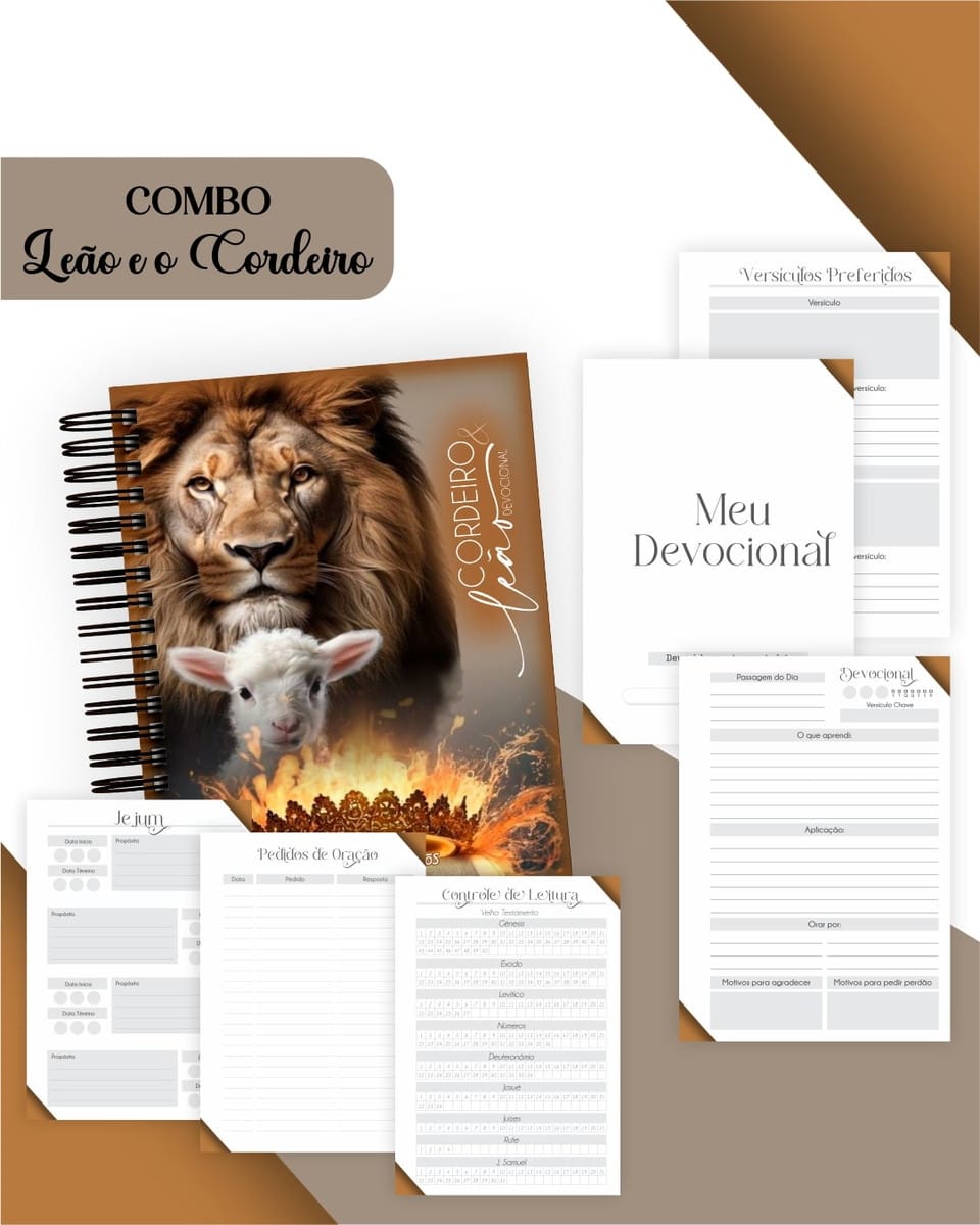 Combo Leão e o Cordeiro para Encadernação e Papelaria 2 Arte digital de combo devocional com capa de leão e cordeiro, e páginas internas.