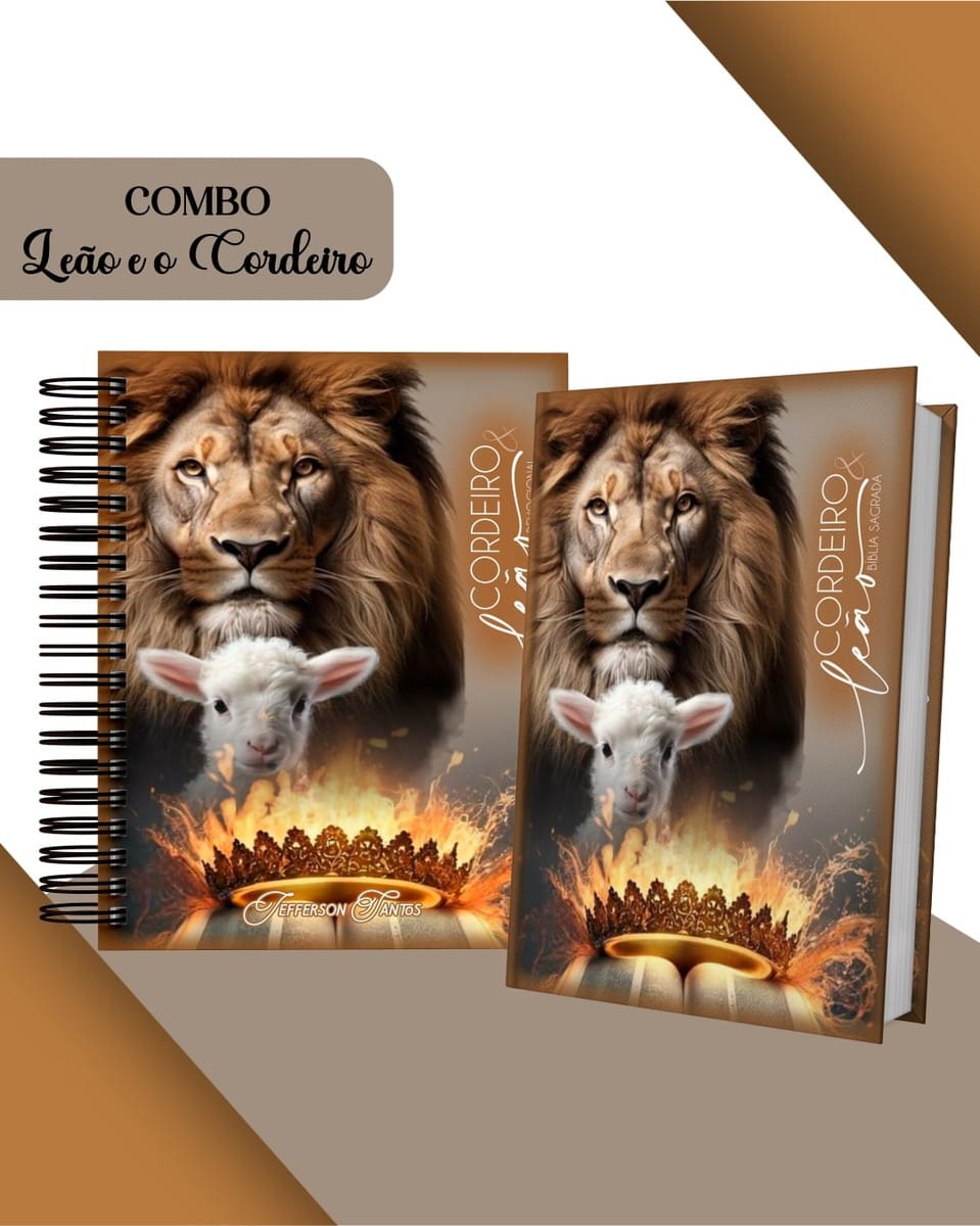 Combo Leão e o Cordeiro para Encadernação e Papelaria 3 Arte digital de leão, cordeiro e coroa em chamas, com texto 'Cordeiro & Leão'.