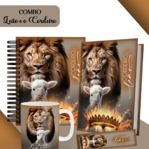 Combo Leão e o Cordeiro para Encadernação e Papelaria 5 Arte digital de combo Leão e Cordeiro com caderno, livros, caneca e marcador.