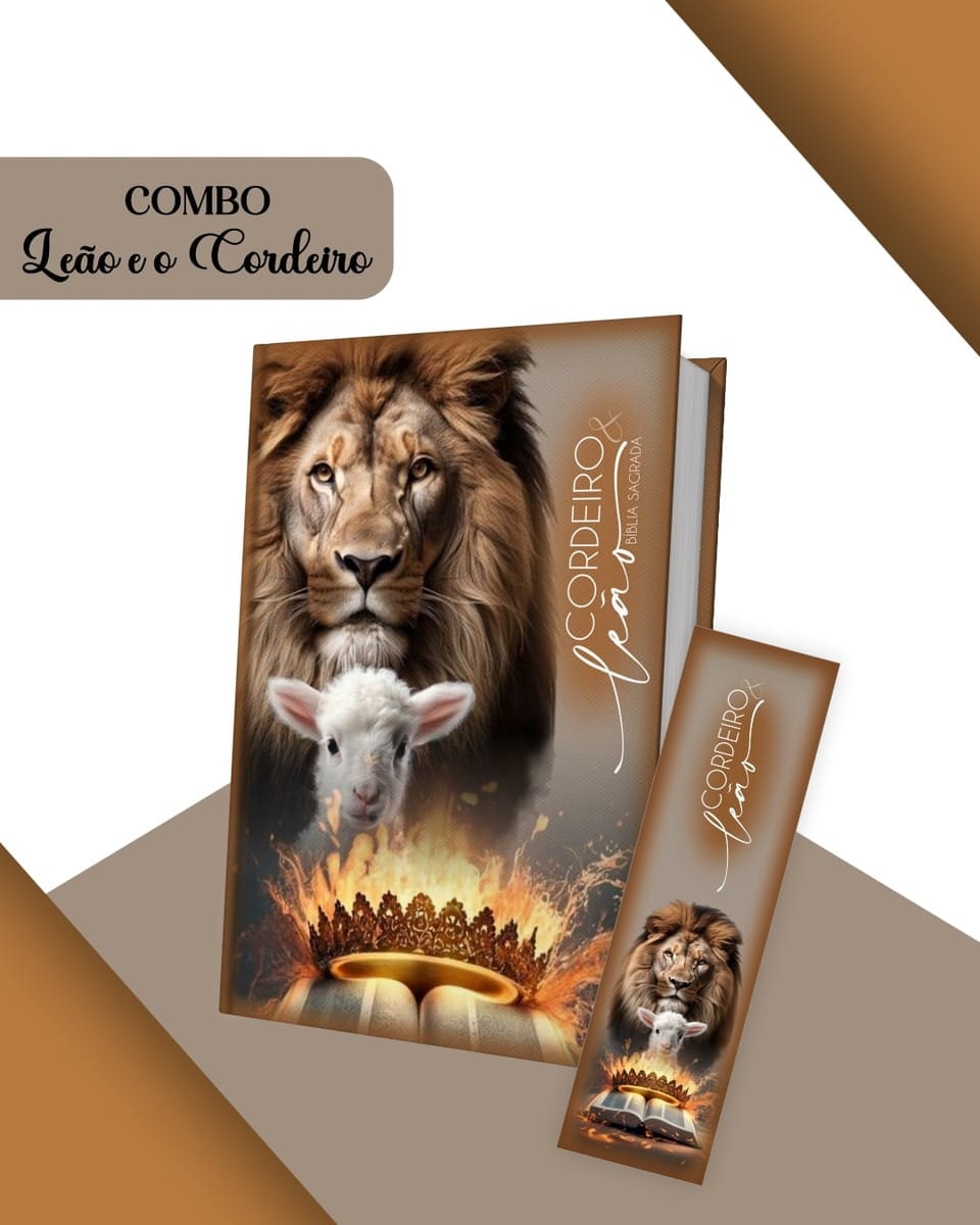 Combo Leão e o Cordeiro para Encadernação e Papelaria 4 Imagem digital de capa de livro e marcador com leão, cordeiro e coroa.