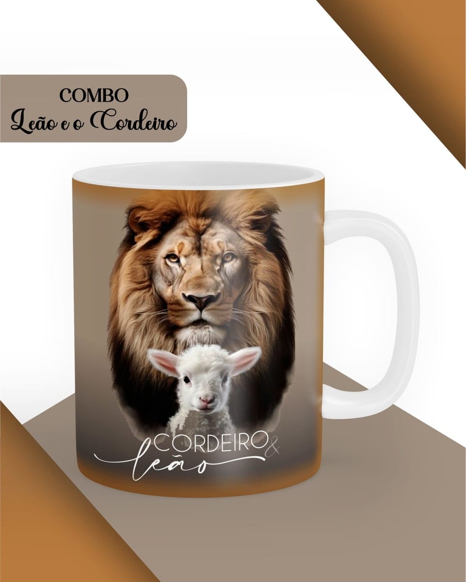 Combo Leão e o Cordeiro para Encadernação e Papelaria 5 Caneca branca com arte digital de leão e cordeiro, e texto temático.