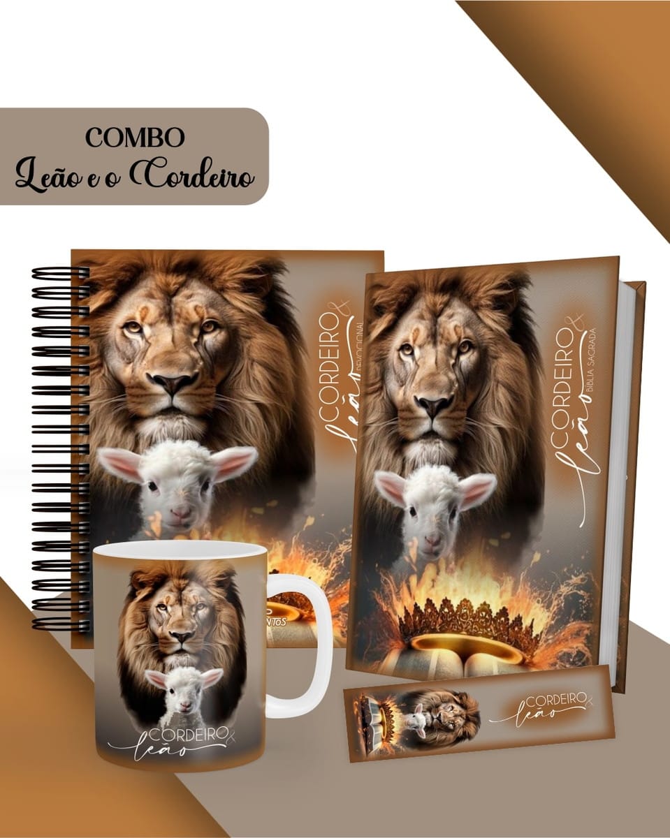 Combo Leão e o Cordeiro para Encadernação e Papelaria 1 Arte digital de combo Leão e Cordeiro com caderno, livros, caneca e marcador.