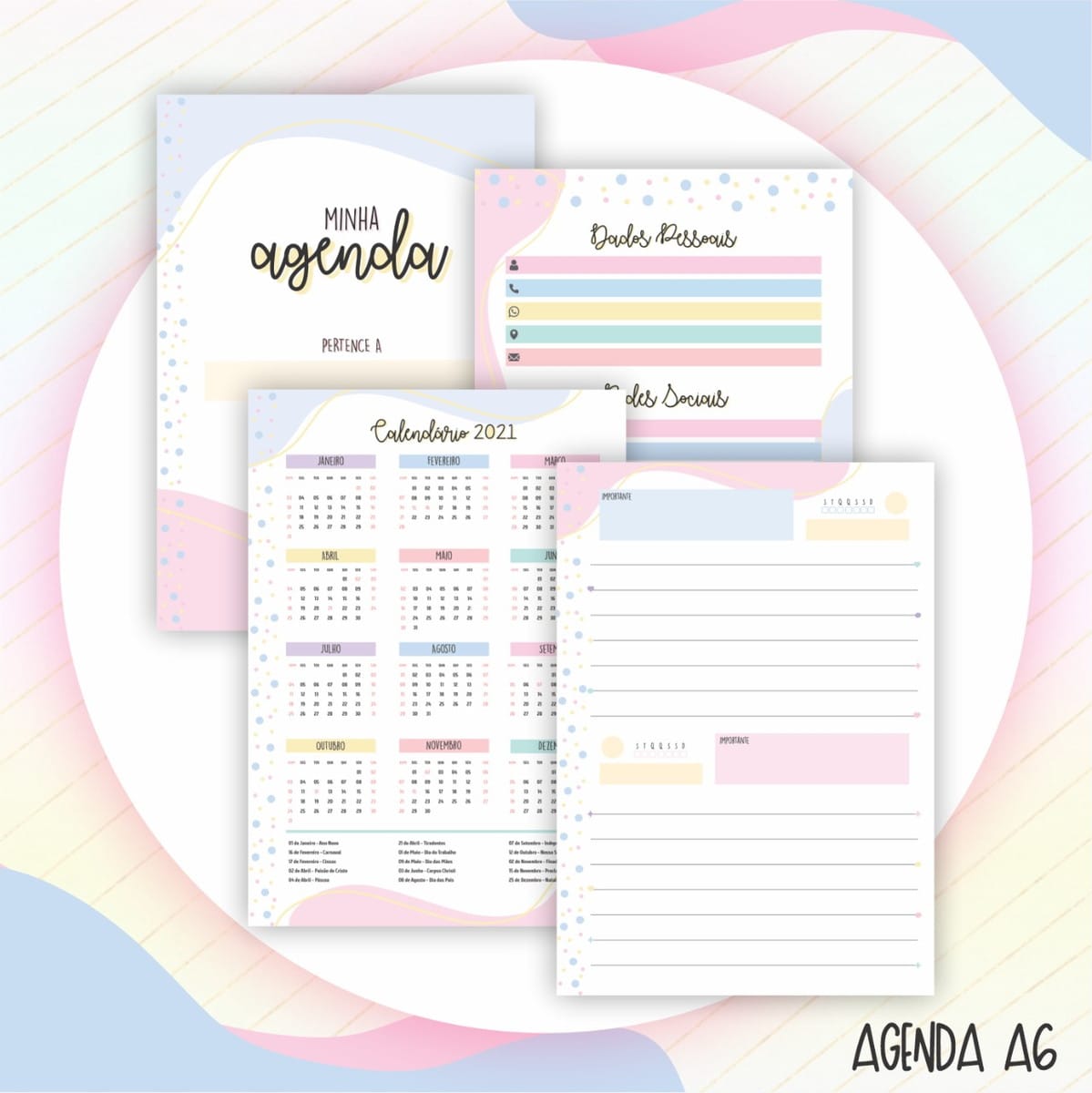 Combo Lettering Mães com Artes Digitais para Personalizar 3 Folhas de agenda com design colorido, calendários e espaços para anotações em fundo claro.