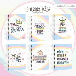 Seis cadernos espiral com ilustrações temáticas coloridas e frases sobre mães em português.