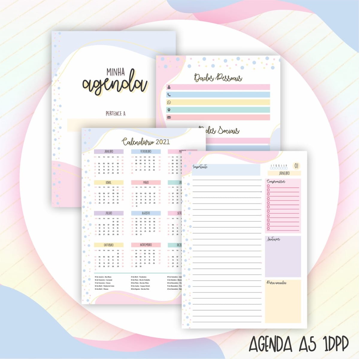 Combo Lettering Mães com Artes Digitais para Personalizar 4 Folhas de agenda digital com calendário anual e campos para anotações pessoais coloridas.