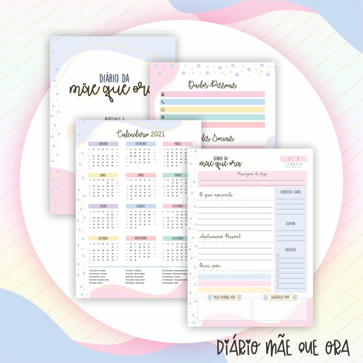 Combo Lettering Mães com Artes Digitais para Personalizar 5 Folhas de diário digital com calendário anual e campos para anotações religiosas organizadas.