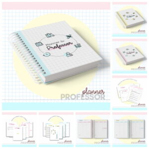 Arte digital de planner para professor, capa quadriculada, layouts rosa e azul.