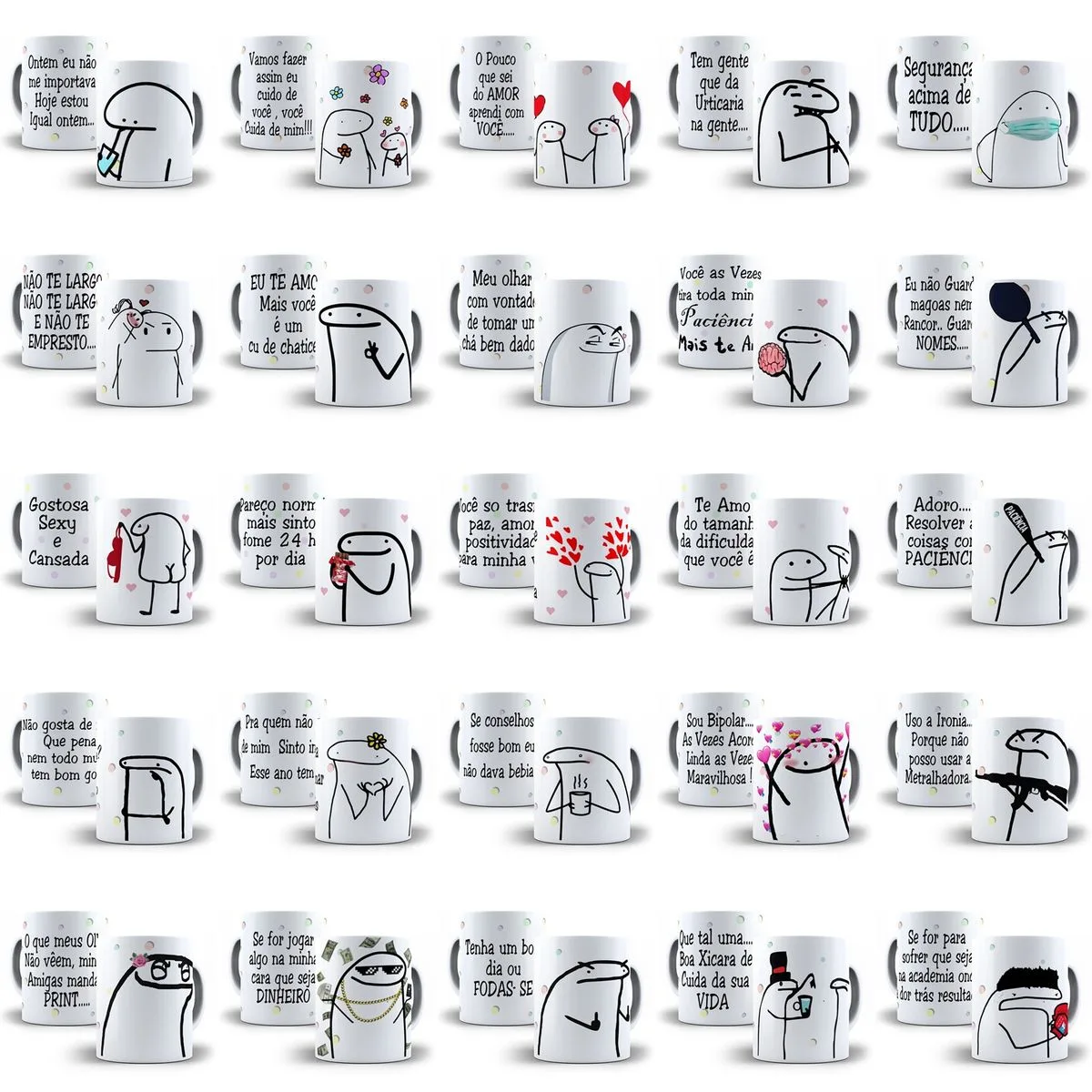 Combo Sublimação Canecas Flork Bento 83 Estampas Em Corel 3 Coleção de vinte e cinco canecas brancas com desenhos de personagens e frases engraçadas.