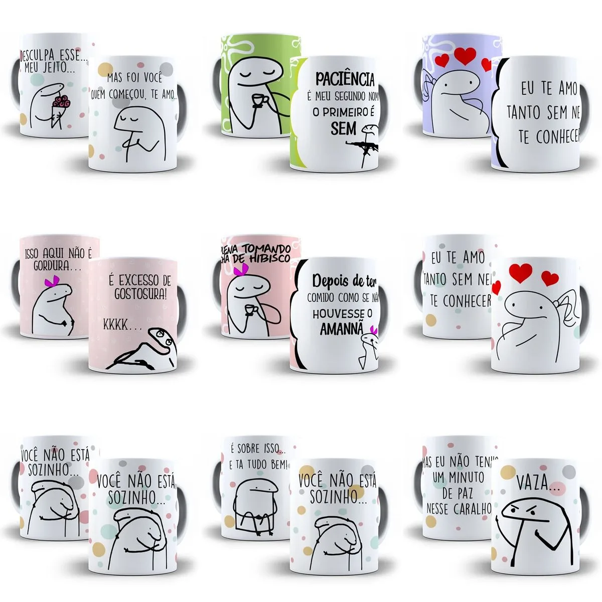 Combo Sublimação Canecas Flork Bento 83 Estampas Em Corel 2 Coleção de canecas brancas com desenhos de bonecos de linha e frases engraçadas.