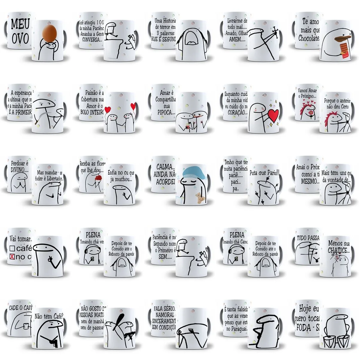 Combo Sublimação Canecas Flork Bento 83 Estampas Em Corel 1 Coleção de canecas brancas com desenhos estilo boneco de palito e frases engraçadas.