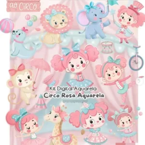 Conjunto Completo de Circo Rosa Aquarela em PNG