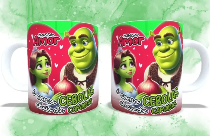 Conjunto de Designs Românticos Fiona e Shrek para Caneca