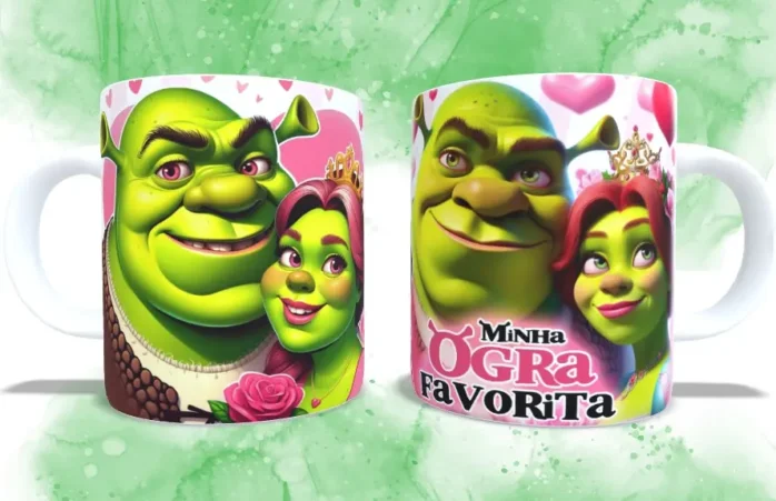 Conjunto de Designs Românticos Fiona e Shrek para Caneca