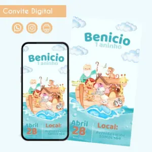 Convite Digital Arca de Noé Azul para Festa Infantil