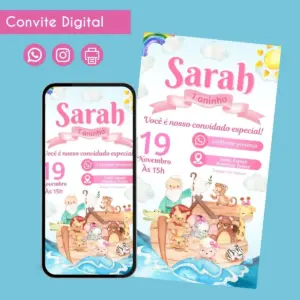 Convite Digital Arca de Noé Rosa para Menina