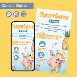 Convite Digital Bob Esponja Aquarela Personalizado 13 Convite digital de aniversário infantil com personagens animados em um smartphone e fundo amarelo.
