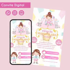 Convite Digital Circo Rosa para Aniversário de Menina 2 Convite digital com tema de circo apresentando uma menina e animais em tons pastéis.