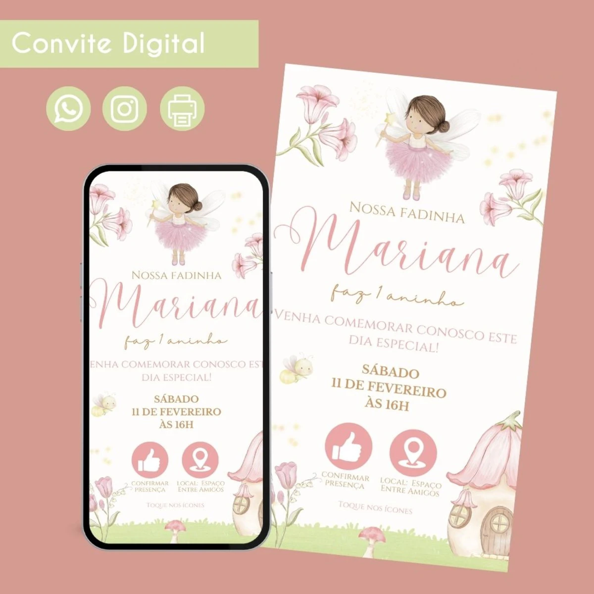 Convite Digital Fadinha para Festa Infantil Encantadora 1 Convite digital com ilustração de fadinha e flores em tons de rosa suave.