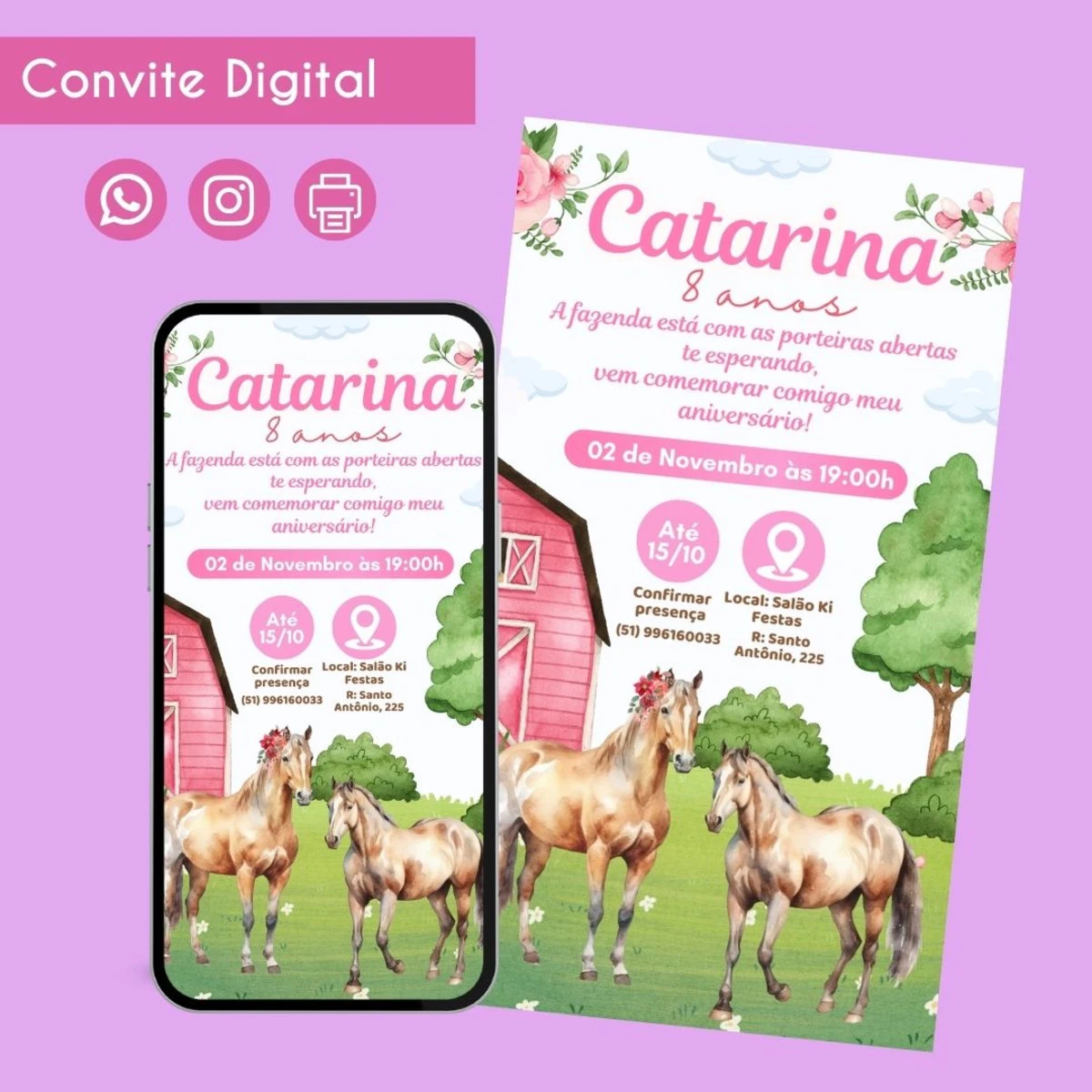 Convite Digital Fazendinha Cavalo Personalizado para Menina 1 Convite digital de aniversário infantil com ilustrações de cavalos e tema de fazenda.