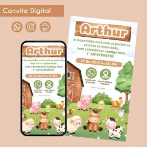 Convite Digital Fazendinha Menino Personalizado 7 Convite digital de aniversário infantil com temática de fazendinha e vários animais ilustrados.