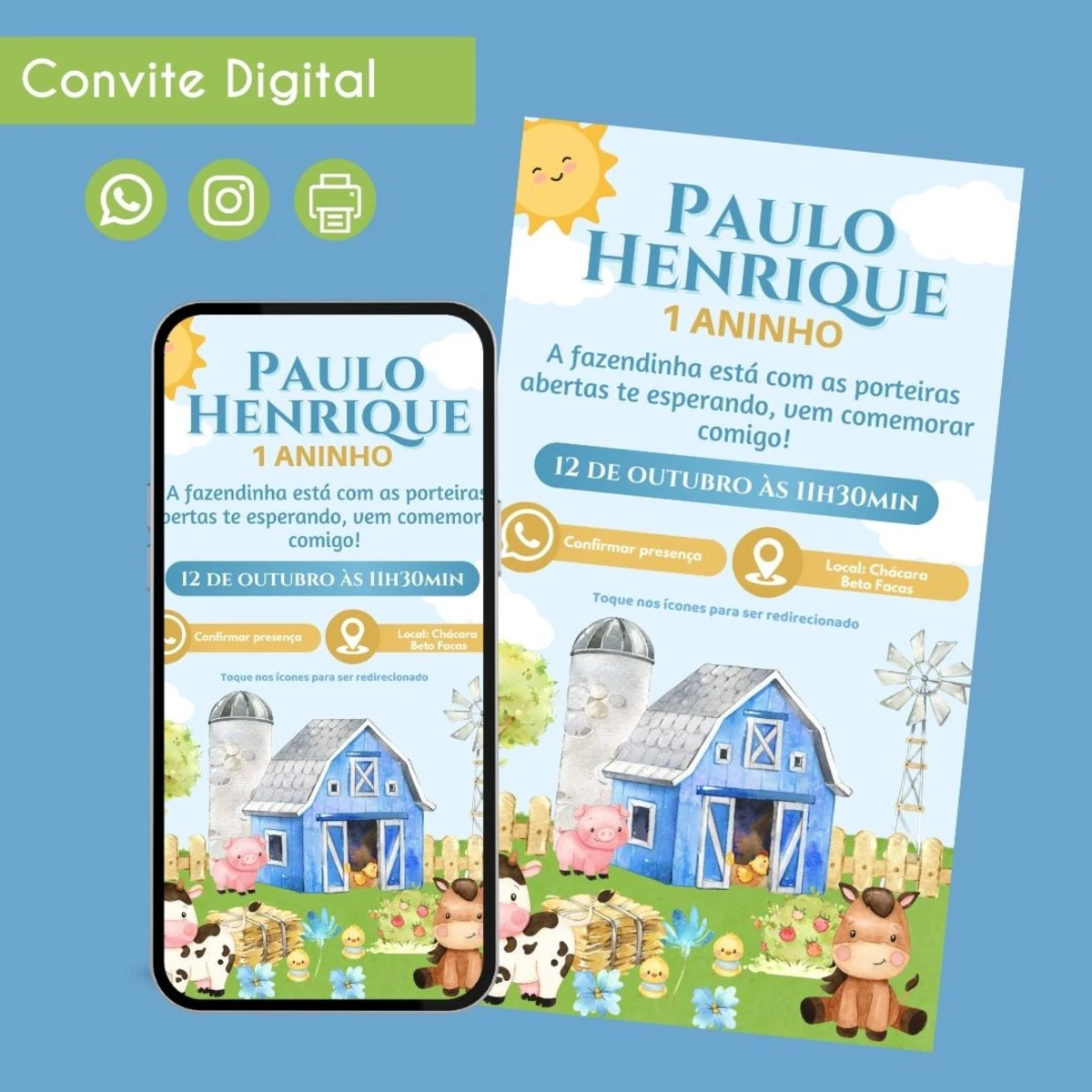 Convite Digital Fazendinha para Festa Infantil de Menino 1 Convite digital infantil com tema de fazendinha exibido em uma tela de smartphone.