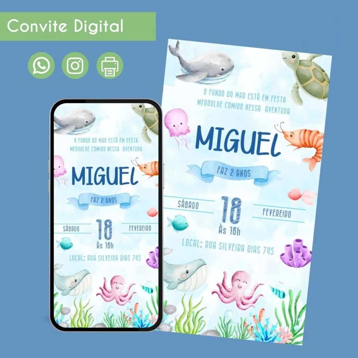 Convite Digital Fundo do Mar Menino para Festa Infantil 1 Convite digital com tema de fundo do mar ilustrado com animais aquáticos.