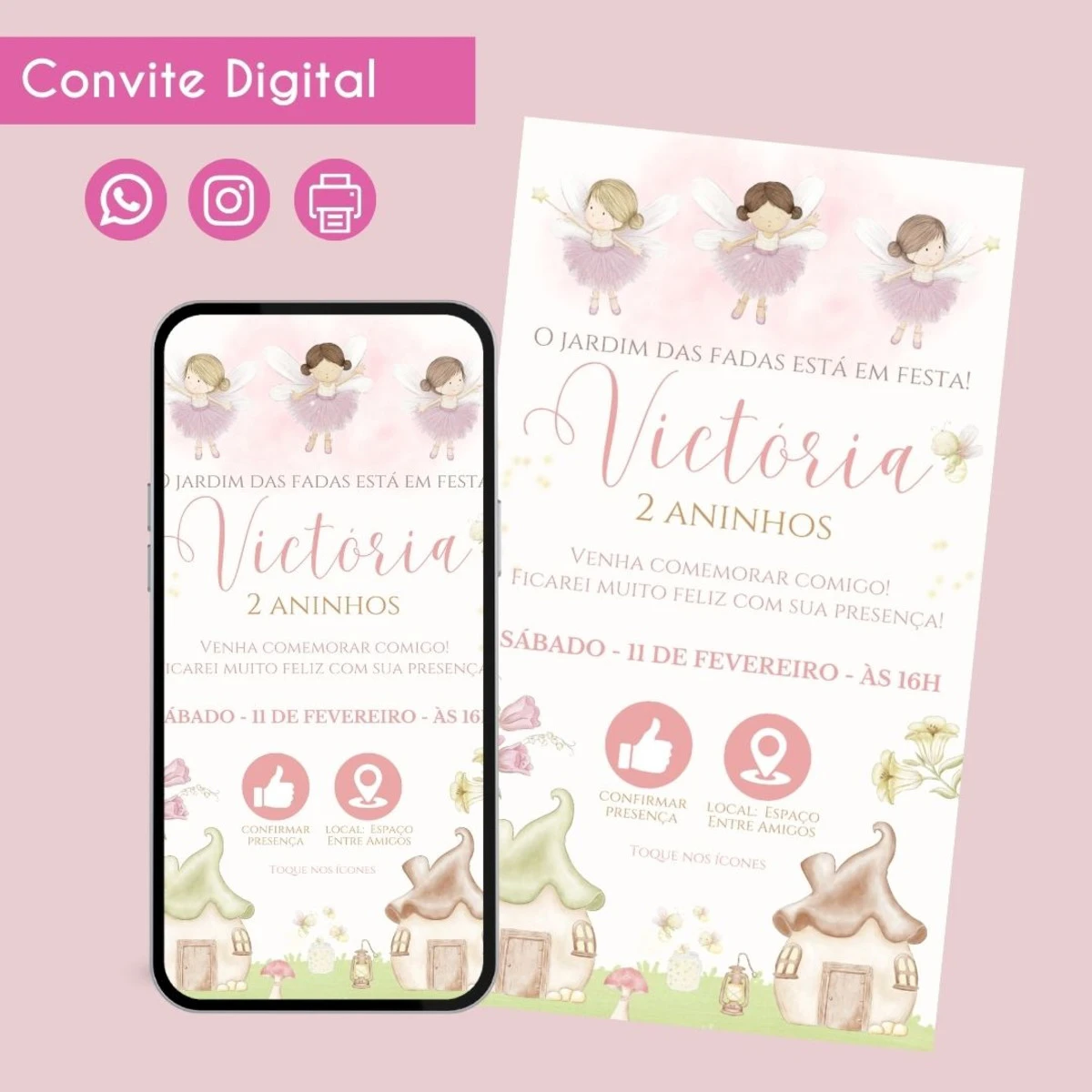 Convite Digital Jardim das Fadas para Festa Infantil 1 Convite digital de aniversário infantil com tema de fadas e casas em tons pastéis.