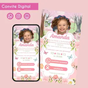 Convite Digital Jardim Floral para Aniversário de Menina 25 Convite digital com foto de menina e ilustrações de jardim com flores e borboletas.