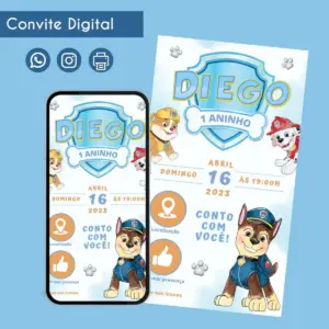 Convite digital com tema de desenhos de cachorros e escudo azul para aniversário infantil.